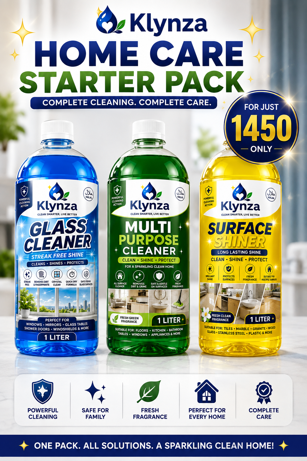 Klynza Home Care Starter Pack – Multi Purpose + Glass + Surface Shiner Bundle